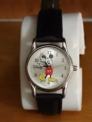 Quartz Mickey Mouse Watch W/Silver Case New Battery Leather Strap • $25