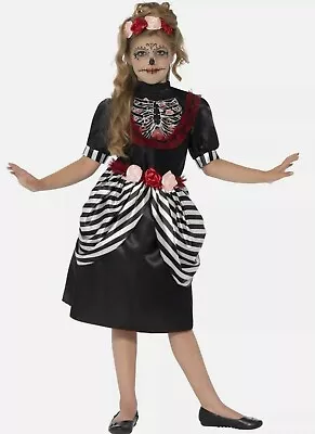 Sugar Skull Day Of Dead Girls Childs Kids Halloween Fancy Dress Costume 4-6 • £13.99