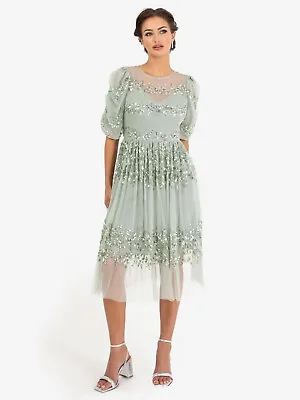 Maya Soft Green Floral Embellished Ruched Sleeve Midi Dress • £43.75