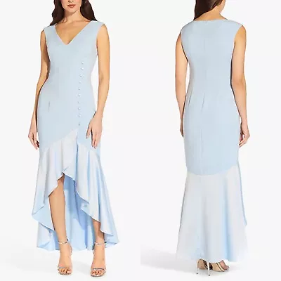 NEW Adrianna Papell SKYWAY BLUE Side BUTTON DETAIL V-Neck HIGH LOW Dress GOWN 16 • $59.99