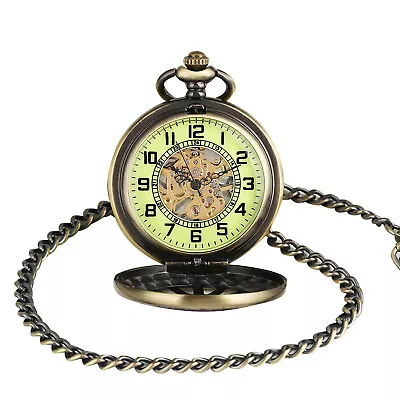 Mens Luxury Classic Mechanical Black Steampunk Skeleton Pocket Watch With Chain • £24.82