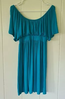 Tea Mints Jrs Womens S Dress Teal Blue Gathered Bust W Slit Flutter Sleeve • $14