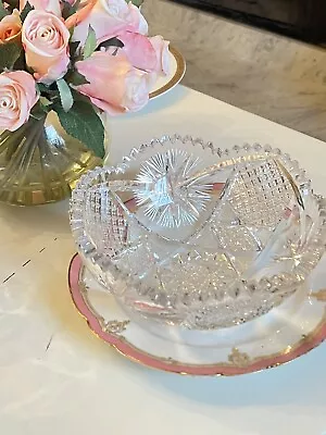 Crystal Cut Bowl Brilliant Glass Star Of David Design Antique Vtg High End  • $100