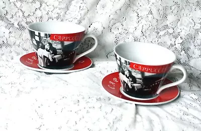 2 Huge Massimo Cappuccino Or Breakfast Cups & Saucers Red Black & White  • £10