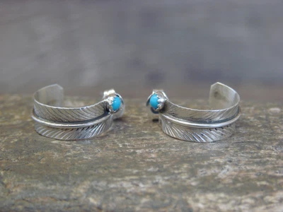 $23.99 • Buy Small Navajo Hand Stamped Sterling Silver Turquoise Feather Hoop Earrings - D...