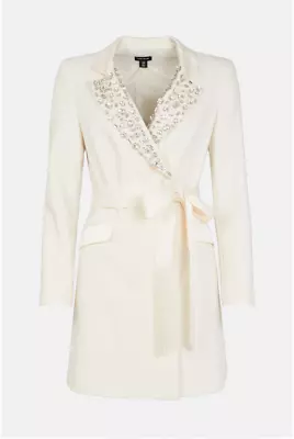 NEW Karen Millen Crystal Cream Tux Blazer Mini Dress Belted Party Formal Size 14 • £170