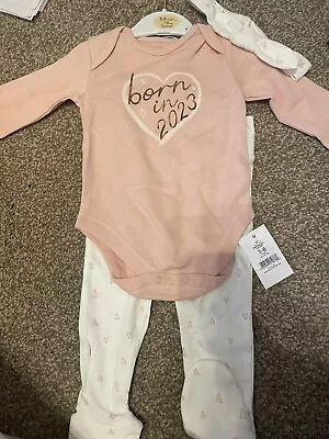 Asda George Born In 2023 Baby Girl Outfit And Hair Band Set 3-6 Months • £7