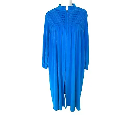 £55.17 • Buy Vintage Velour Robe Womens Plush Full Front Zip Pockets Gathered Details Blue