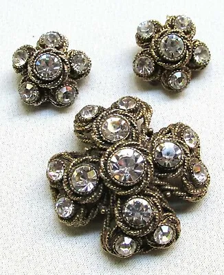 Vtg 1950s Set Of 2 Brooch Earrings HAR Signed Wicker Setting Large Crystal 686j • $127.95