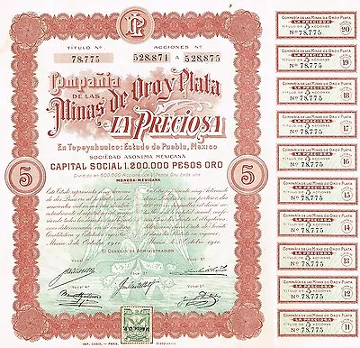 MEXICO MINES OF OROY PLATA LA PRECIOSA COMPANY BOND Stock Certificate 1911 • $59.99