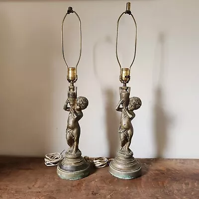 $149.99 • Buy MCM VTG Pair Of Ornate Cherub Lamps Bronze Brass Painted Ceramic Art Nouveau 