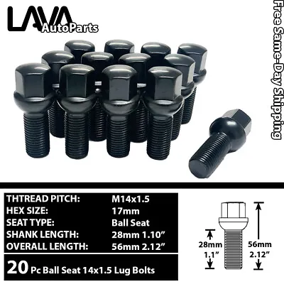 20pc Black 14x1.5 Ball Seat Lug Bolt 28mm Shank Fit Volkswagen Stock Wheel&more • $28.99