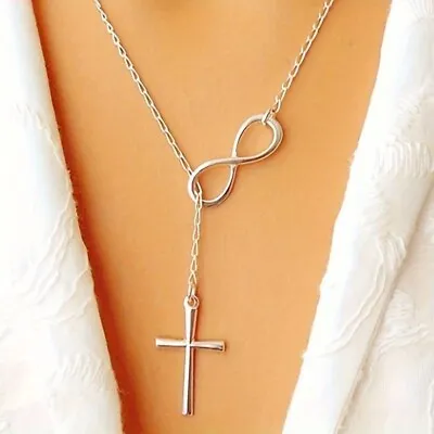 Womens Cross Christian Religious Pendant Y Lariat Chain Necklace Silver Metal • £3.59