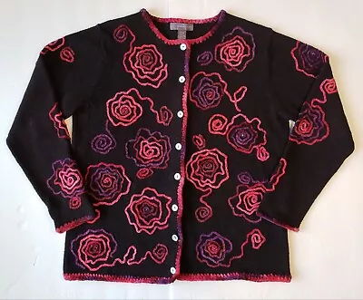 Vintage Northern Isles Cardigan Sweater Women's Medium Floral Roses Beaded Black • $21