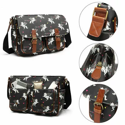 Ladies Shoulder Bag School Messenger A4 Bag Girls Matte Oilcloth Unicorn Satchel • £9.99