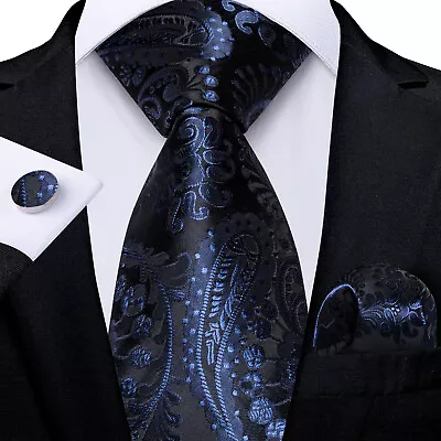 Gold Blue Mens Tie Set Floral Ties 100% Silk Hanky Cufflinks Wedding Necktie • £7.99