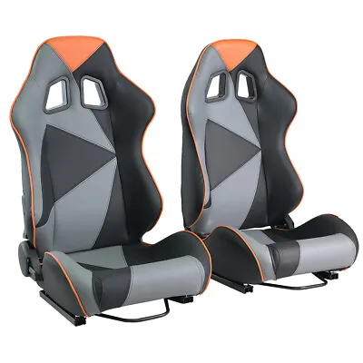 2PCS Universal Car Racing Seats Faux Leather Reclinable Bucket Seats Gray+Orange • $393.99