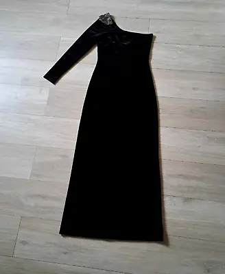 F&F Black Velvet One Shoulder Stretch Dress Beaded Evening Goth Christmas UK8 • $18.93