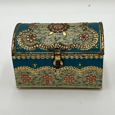 Vintage Cloisonne Blue Gold Floral Tin With Hinged Lid • $34