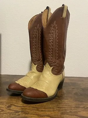 VINTAGE TONY LAMA 6214 Cowboy 2 Tone Leather & Teju Lizard Wing Tip Boots 7D • $9.99