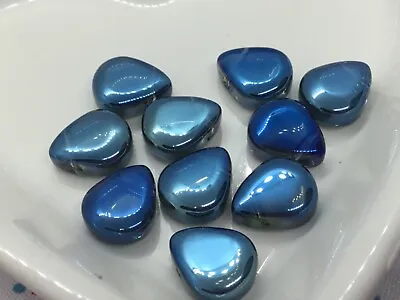 £3 • Buy 10 Teardrop Glass Blue Beads, AB Coated On One Side, Beautiful ,13mm X 10mm