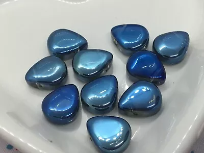 £3 • Buy 10 Teardrop Glass Blue Beads, AB Coated On One Side, Beautiful ,13mm X 10mm