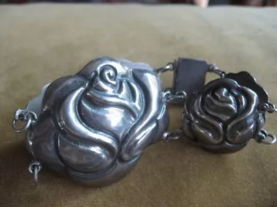 Silver Hollow Form Rose Motif Link Bracelet Mexico • $85