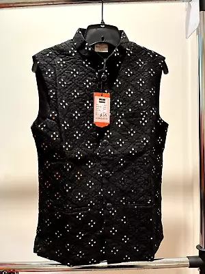 INDIVOGUE Ethnic Nehru Jacket Vest Men's Matte Black & Silver Pattern Size 36/S • $35