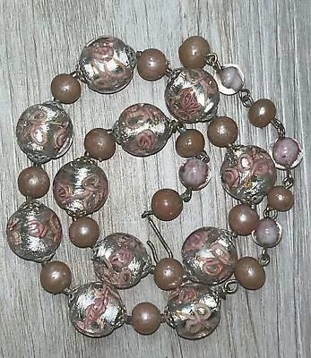 Vintage Lampwork Pink Foil Beaded Necklace Venetian Murano  • $32