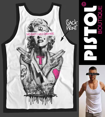 Pistol Boutique Men's White TATTOOS MONROE FOREVER Back Print Vest Singlet Tank • £25.19