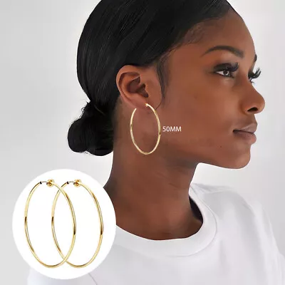 Round Circle Gold Tone Stainless Surgical Steel 50MM Fake Clip On Hoop Earrings • £3.85