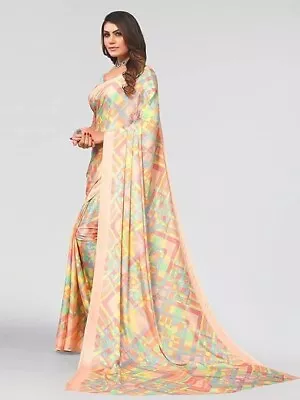 Bollywood Saree Multi & Orange Printed Indian Pakistani Party Wear Designer Sari • $39