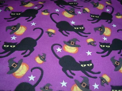 Vtg Halloween Black Cat Pumpkin Hats Allover On Purple Quilt Fabric 1Ydx43 #FF • $9.99