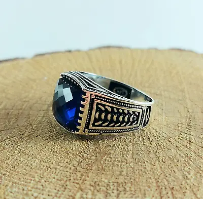 925 Sterling Silver Handmade Men's Ring With Square Shape Blue Sapphire Stone • $48