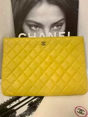 CHANEL COCO MARK Matrasse Clutch Hand Bag Pouch Women Yellow Lambskin Leather • $1346.95