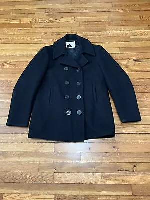 Vintage US NAVY Men’s Pea Coat 100% Wool Size 40R Overcoat Military Black Lined • $74.98