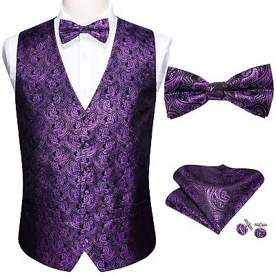 Purple Paisley Shiny Silk Mens Waistcoats Pretied Bowtie Hankie Cufflinks Set • $47.98