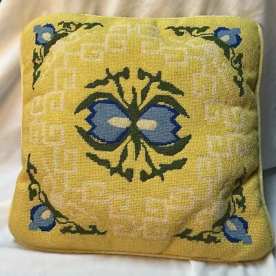 Vtg Floral Tapestry Embroidered Pillow Yellow Velvety Back 14  Blue Flower Tulip • $19.82