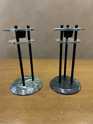 Set Of 2 Memphis Milano Candle Holders | Post Modern | Green Marble • $41.25