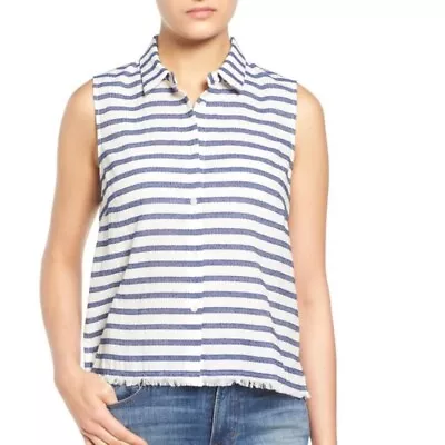 Madewell Moment Blue Striped Sleeveless Fringe Hem Button Top Women’s Medium • $18.99
