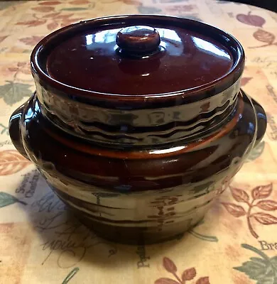 Marcrest BEAN POT Stoneware Daisy Dot Brown Glazed Oven Proof Crock With Lid USA • $20