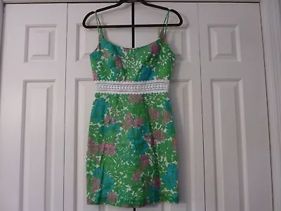 MILLY Size 2 Cotton Green Pink Floral Sun Dress Lace Panel On Waist Back Zipper  • $24.99