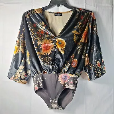 ZARA Accessories Bodysuit Shirt Womens Sz S Black Floral Velvet Kimono Sleeve • $20.99