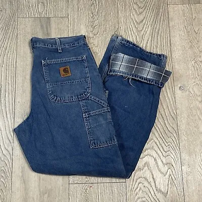 Carhartt Men (Tag 34x32) Flannel Lined Blue Denim Carpenter Pants B14DST 34x32 • $25