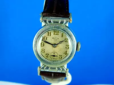 Vintag Elgin 7j Deco Chrome Plate Mens Wristwatch Serviced Rare C.1920 • $195