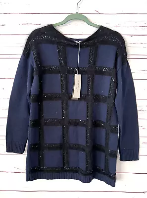 NWT D EXTERIOR Size L Wool Blend Sequin Embellished Tunic Sweater Blue Italy • $49.99