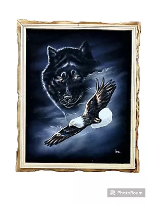 18 X 22  Hand Painted  Velvet Painting Framed  Signed  Black Wolf And Eagle • $48