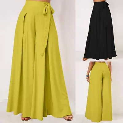 Women Casual Loose Flare Wide Leg Pants High Waist Culotte Palazzo Trousers Size • $21.35