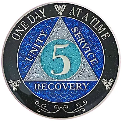 AA 5 Year Medallion Black Rainbow Blue Glitter Alcoholics Anonymous Coin • $25.99