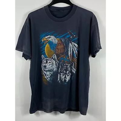 Vintage Unbranded Native American Wolves & Eagle Graphic Tee Shirt Black D683 • $39